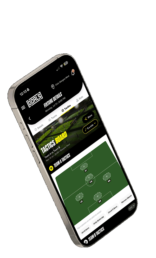 The GOALS app — tactics board on the fixture screen