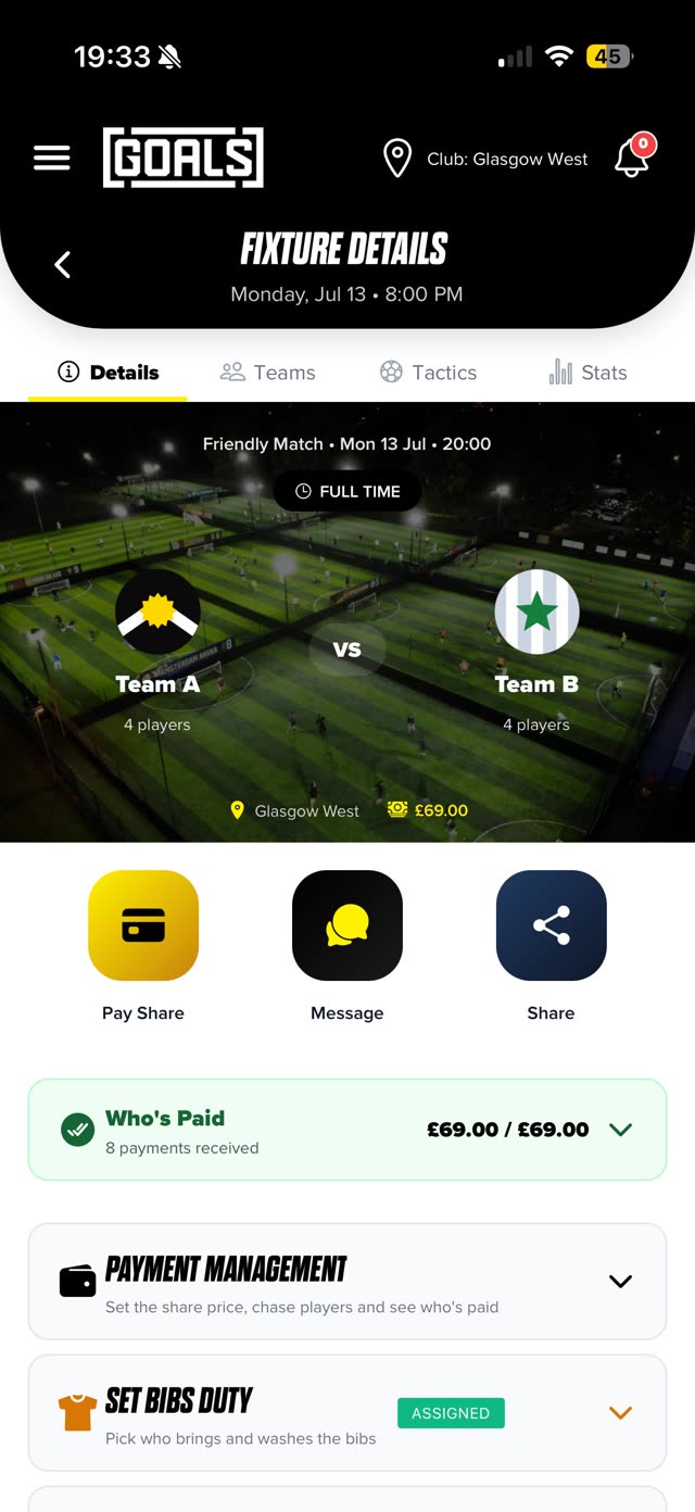Fixture details in the GOALS app