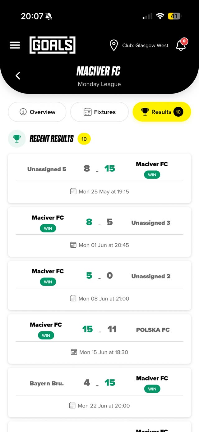 Fixtures in the GOALS app