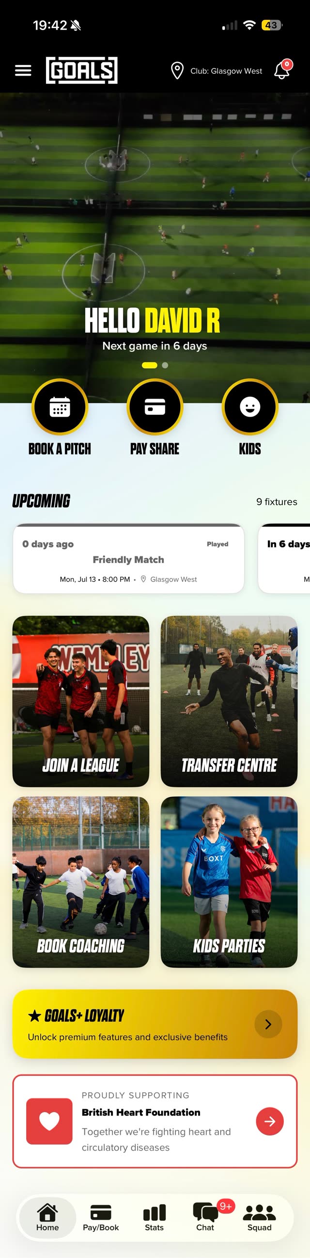 GOALS app home screen