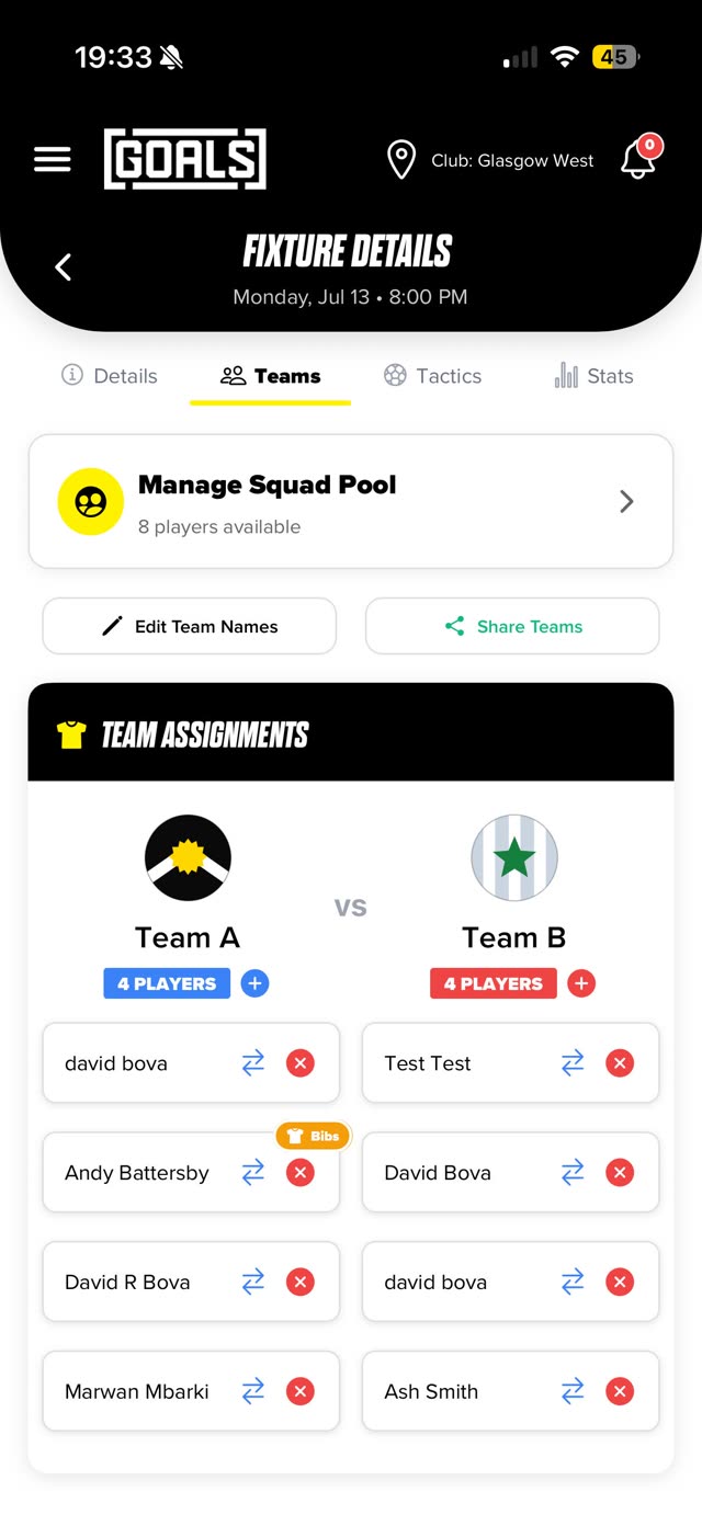 Squad pool in the GOALS app