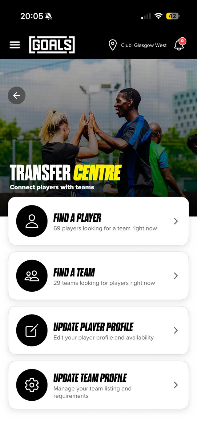 Transfer Centre in the GOALS app
